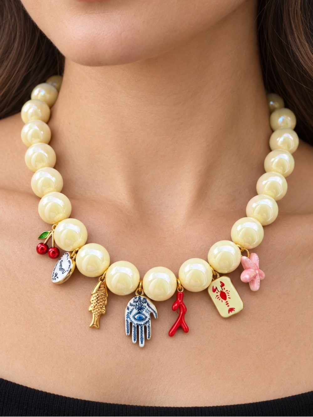 Iridescent Beaded Necklace with Colorful Coastal Charms Chunky Necklace